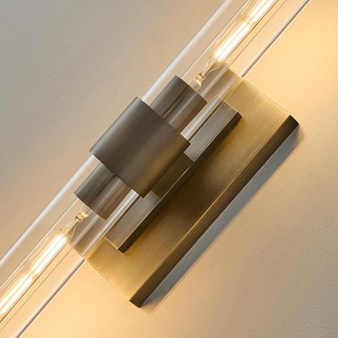 Linear Brass Bathroom Wall Sconce: Set of 2 Antique Modern Vanity Lights | Luxury Dimmable Brushed Gold Sconces, Clear Glass Tube Minimalist Light Fixture for Bedroom Living Room Hallway Indoor Decor