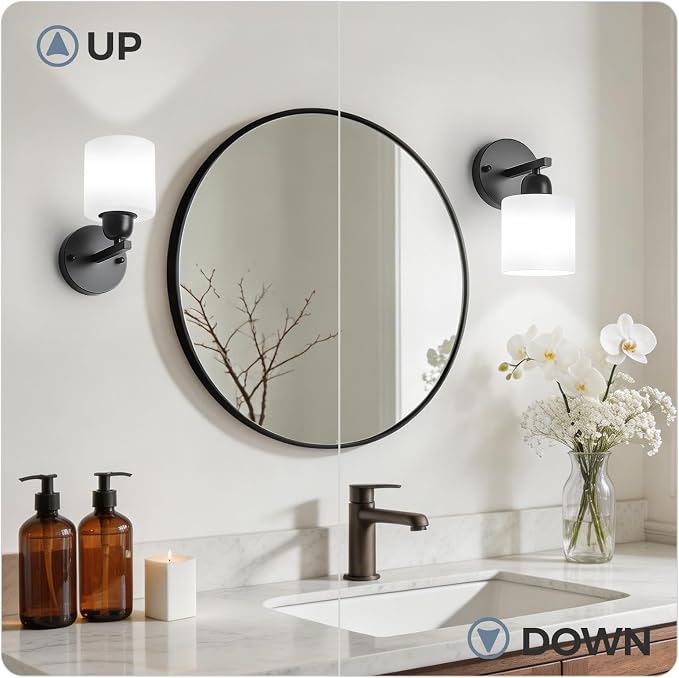 2PCS Light Black Bathroom Light Fixture, Modern Bathroom Lights with Milky White Frosted Glass Shades for Mirror Living Room Bedroom Hallway E26 Base