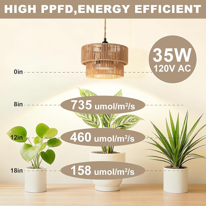 Hanging Grow Light, 30W LED Lamp with Timer for Indoor Plants | 4000K LED plant lamp with 15 ft cord, outlet timer, and boho paper rope shade for succulents, herbs, and low-light rooms.