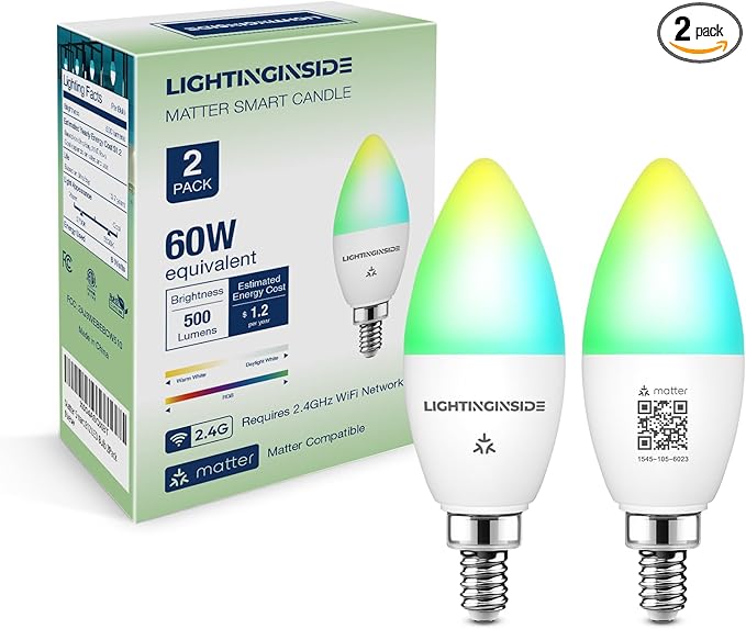 Lightinginside Matter Candelabra Smart Light Bulbs 60W Equivalent, 500LM 6W E12 LED Bulb Compatible with Alexa/Siri/Apple Home/Google Home/SmartThings, RGBCW Candle Bulb, 2.4G WiFi, ETL Listed, 2PCS
