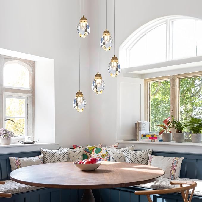 Dimmable Brass Gold Crystal Pendant Light - Modern 5-Light Diamond Chandelier for Kitchen Island, Dining Room, Hallway, and Bathroom