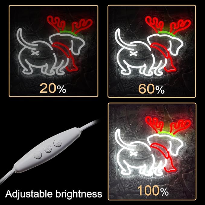 NOSUN Christmas Neon Sign Christmas Dog Elk Horn Neon Sign Dimmable LED Lights for Wall Decor Puppy Dachshund Puppy with Santa Hat Neon Lights Home Kids Bedroom Pet Shop
