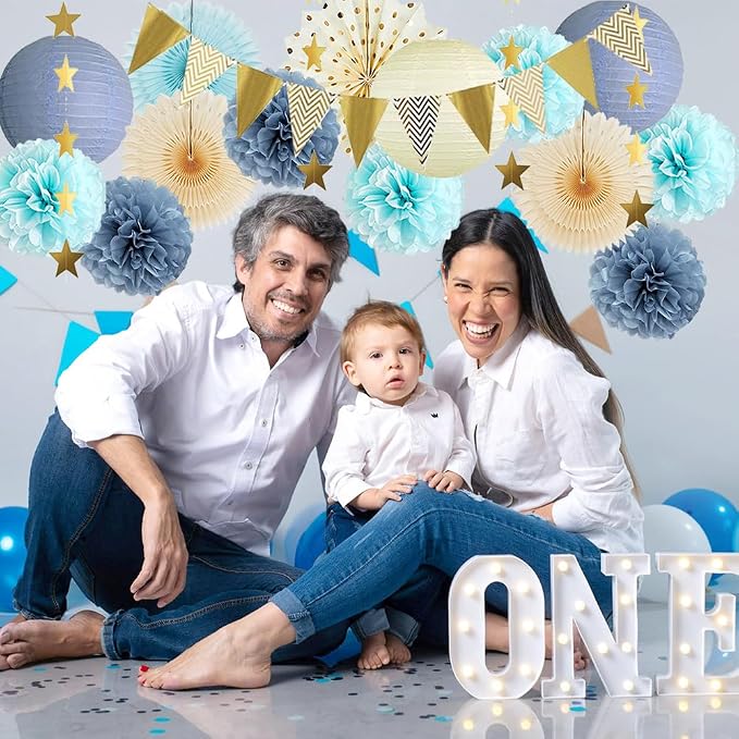 Dusty Blue Party Decorations Boho Beige Light Dusty Blue and Gold Party Decorations Paper Lanterns Poms Fans Champagne Gold for Birthday Baby Shower Boy Bridal Shower Wedding Engagement Graduation