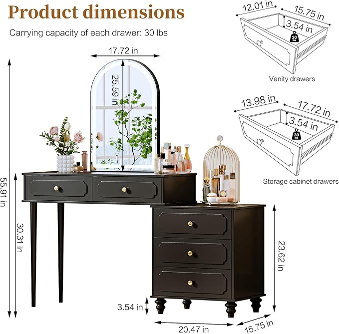 Ieejdn Black,Vanity Desk with Mirror and Lights,Makeup Vanity with Power Outlet and Adjustable Cabinet,Modern Makeup Table with 3 Drawers for Bedroom Makeup Room
