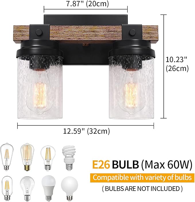2 Light Farmhouse Vanity Lights Rustic Bathroom Light Fixtures Over Mirror | Faux Wood Wall Mount Light with Clear Seeded Glass Shade, Industrial Black Metal Wall Sconces for Bathroom Living Room