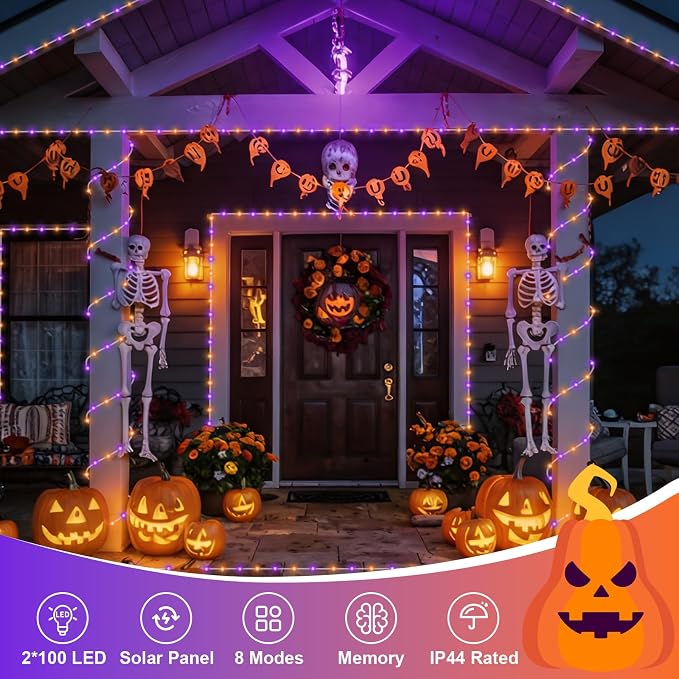 QITONG 2 Pack Solar Halloween Lights, Each 33ft 100 LED Orange and Purple String Lights, 8 Modes Clear PVC Tube Light Outdoor Waterproof