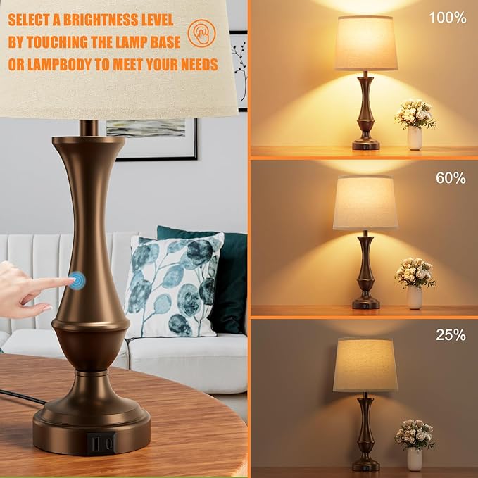 Seealle Upgraded Touch Lamps for Night Stands Set of 2 - Bedside Lamps with USB C+A, 3 Way Dimmable for Bedroom Living Room End Tables Office(Brown)