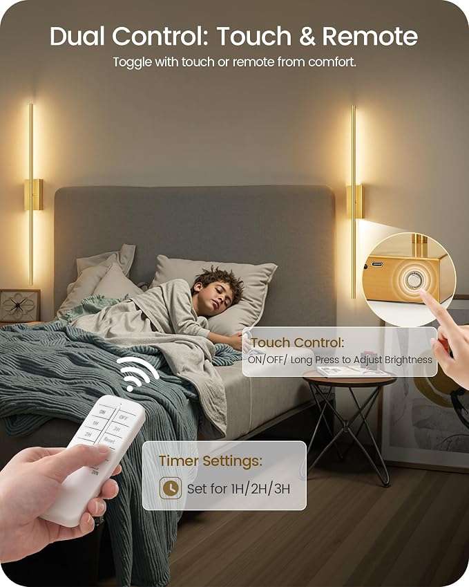 34.6" Wireless Battery Operated Wall Sconces Set of Two,Rechargeable Lamp with Remote, 360° Rotation, 10000mAh Battery, Touch Dimmable Lights for Living Room Hallway Bedroom, Gold D05YBP205