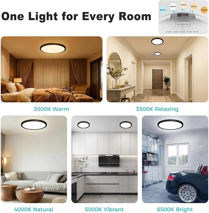 libtit 7inch LED Flush Mount Ceiling Light, Dimmable & 5Color Temperatures (3000K-6500K), 15W Round Slim Black Light Fixture for Closet Hallway Kitchen Bathroom Laundry
