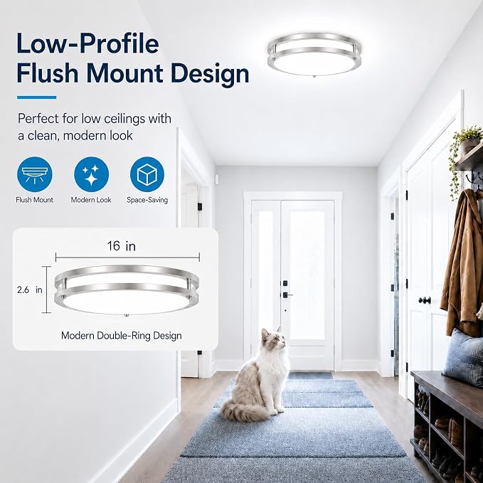 2-Pack 16 inch Large Dimmable LED Flush Mount Ceiling Light Fixture, 50W 5400 Lumen Bright Brushed Nickel Light Fixture for Bedroom Kitchen Living Room, 2700K/3000K/3500K/4000K/5000K Selectable