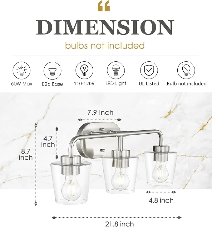 3-Light Bathroom Light Fixtures Over Mirror, Brushed Nickel | Vanity Lights for Bathroom with Clear Glass, Modern Vanity Lighting Fixtures, AD-22004-3W-SN-C