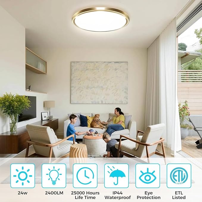 zemty 6Pack 6.5Inch LED Ceiling Lights Gold, 12W 1200lm Small Flush Mount Light Fixture, 3000K/ 4000K/ 6500K Round Flat Recessed Ceiling Lights for Kitchen, Closet, Hallway,Pantry