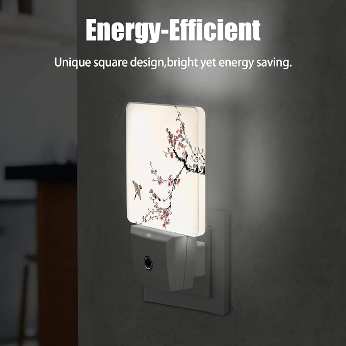 Retro Bird Night Light, Cherry Blossoms Night Lights Plug into Wall Decor for Bedroom, Bathroom, Hallway, Kitchen, Dusk to Dawn Sensor Nightlights for Boys Girls Women Men Room Gifts