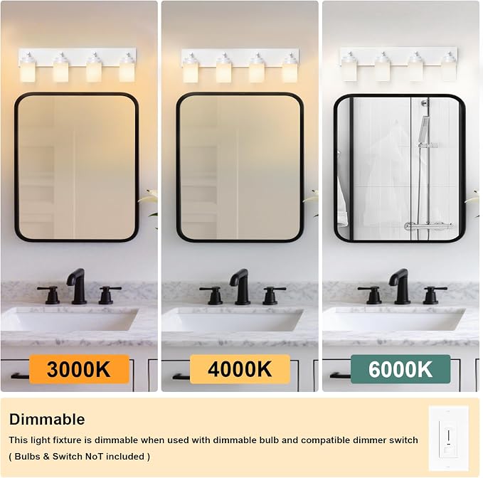 IZORRO Bathroom Vanity Light Fixture, 4-Light 30 Inch White Bathroom Light Fixtures Over Mirror, with White Glass Shade, Modern Farmhouse Vanity Lights, Rustic Restroom Lighting Fixtures