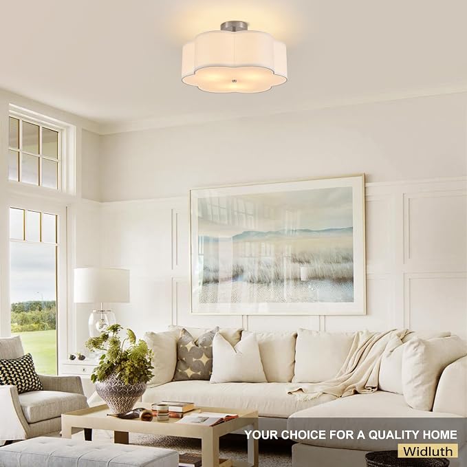 18" Chrome Semi Flush Mount Ceiling Light, 3-Light Petal Fixture | White Beige Linen Petal Shade, Modern Chrome Style For Bedroom, Living, Kitchen And Nursery; Close-To-Ceiling, E26, Dimmable