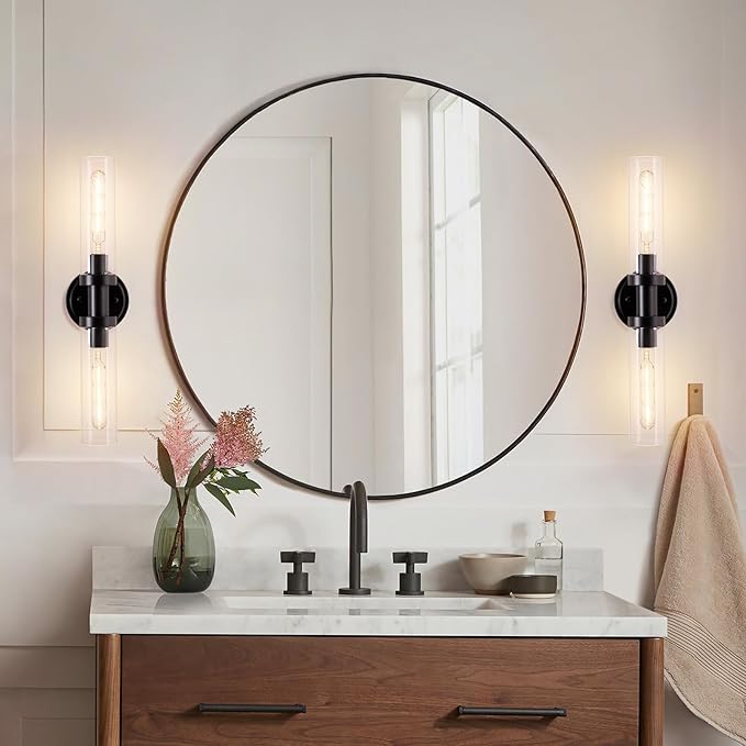 Black Sconces Wall Lighting, Bathroom 2-Light Vanity Light W/Clear Glass Shade, Modern Wall Mounted Lights for Mirror, Makeup Vanity, Kitchen, Washroom, Hallway, E26 T10 Bulbs(Excluded)