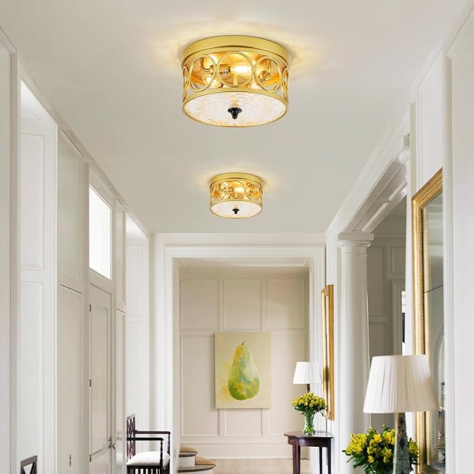 3-Light Flush Mount Ceiling Light Fixtures,11.2in Gold Metal Farmhouse Ceiling Lighting with Clear Glass & E12 Socket,for Kitchen Island, Bedroom, Entryway, Dining Room
