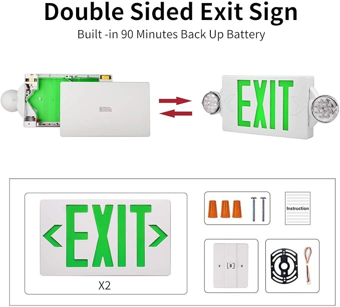 LED Emergency Light & Exit Sign Combo, Green Exit Sign, UL Certified Emergency Exit Light, Adjustable Lamps with Back-up Battery for Business (Green, 6 Pack)