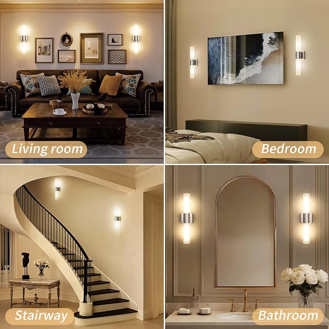 Modern 21" Bathroom Vanity Wall Sconce, Frosted Glass, Silver | Indoor Lighting Fixture, For Living Room, Stairs & Bedroom, Mounting Hardware Included, Easy To Install, Sturdy Metal Build.