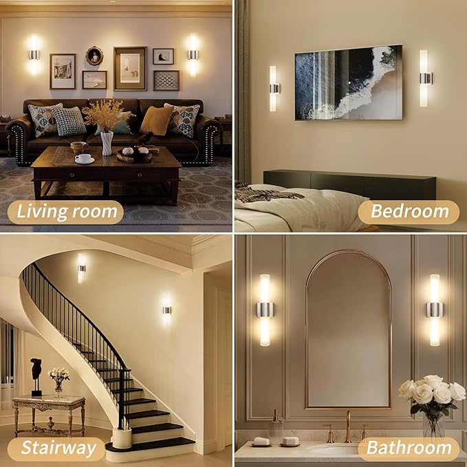Wall Sconces Set of Two, Modern 21" Vanity, Frosted Glass, Silver | Indoor Wall Light Fixture. For Bathroom, Mirror, Bedroom, Living Room, Hallway. Mounting Hardware Included. Easy To Install.