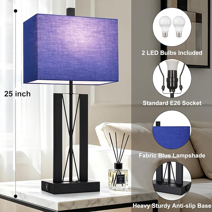Lolikit 25" Table Lamps for Living Room Set of 2, Bedside Lamps for Bedroom | 2 USB Charging Ports,Blue and Black,Geometric Industrial Contemporary,2 LED Bulbs Shade Included,Nightstand,End Table