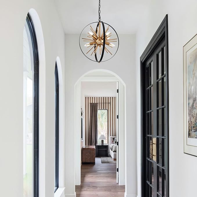 17.7" Black Gold Globe Sputnik Chandelier, 8-light Mid Century Modern Industrial Starburst Golden Satellite Pendant Light Fixture for Entryway Stairway Kitchen Dining Living Room Hallway, E12