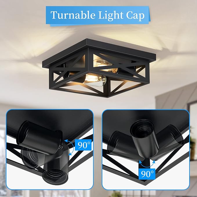 SKEJAO Black Flush Mount Ceiling Light Fixture,2-Light Square Hallway Light Fixtures Ceiling,Light Fixtures Ceiling Mount for Farmhouse,Kitchen,Hall,Bedroom (2 Pack)