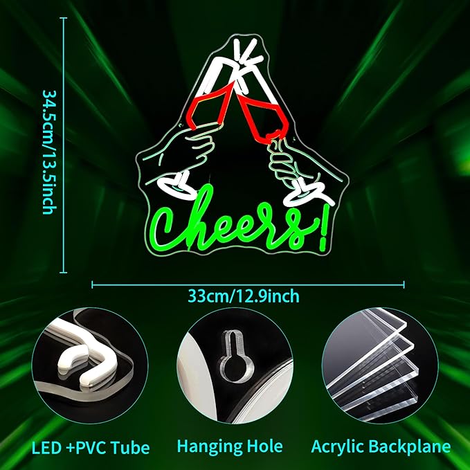 Cheers Neon Sign, JGHTURIE Neon Signs for Wall Decor Green Light up Sign Bar Club Signs for Man Cave Decor USB Powered