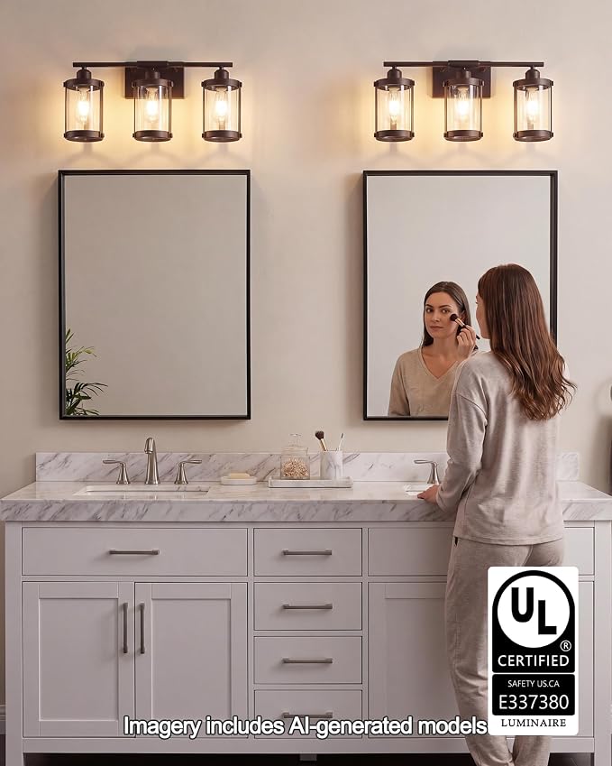 3-Light Oil Rubbed Bronze Bathroom Light Fixtures Over Mirror with Clear Glass and Metal Cage Shade, 21" UL-Listed Modern Farmhouse Wall Sconce for Bath, Hardwire E26, OS-3014ORB-3W