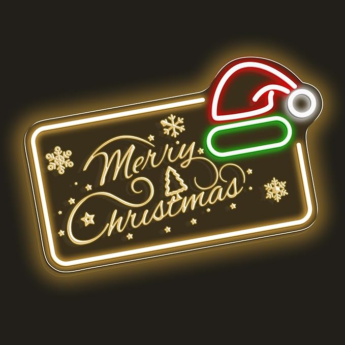 16.5 x 10’’ Merry Christmas Neon Sign, Carving LED Sign with Santa Hat, USB Powered Dimmable Switch for Xmas Party Kids Bedroom Bar Pub Club-Christmas Gift Decorations