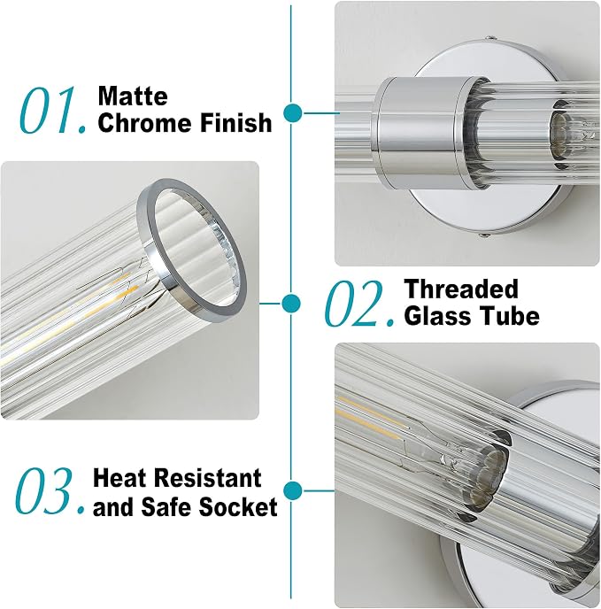 Hardwired Chrome Bathroom Vanity Light Threaded Glass Wall Sconce | Up & Down Bidirectional Lighting, Damp Rated For Bathrooms, Dimmable, 5-Year Manufacturer Warranty, UL Certification
