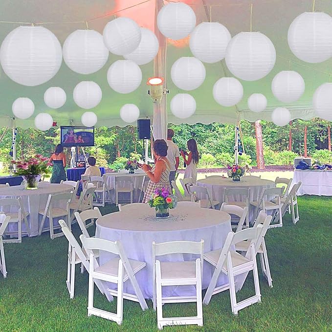 White Paper Lanterns Set (12Pcs) Round Hanging Paper Lanterns for Children's DIY Activities Wedding, Bridal, Outdoor, Garden, Home, Party Decorations