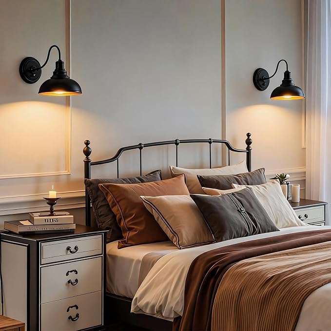 Lightess Wall Sconce with Switch Dimmable Wall Mounted Bedside Lamps 2 Pack | Industrial Farmhouse Gooseneck Dimmer Switch Matte Black Wall Mounted Lights For Bedroom Bedside Decor Set of 2