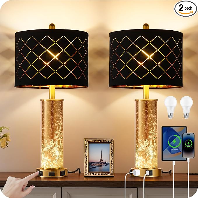 25.6" Black Table Lamps Set of 2, Tall Bedside Lamps with Nightlight, Modern Nightstand Lamp with USB Ports, Desk Lamp for Bedroom, Living Room, Office, LED Bulbs Included B01TL05