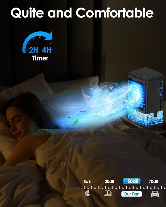 Mini Air Conditioner,Portable Air Conditioners,Evaporative Air Cooler Humidifier, 3 Speed Quiet Personal Cooling Fan, 7-Color LED Night Light, 4/8H Timer for Bedroom, Office, Camping, Room,Home