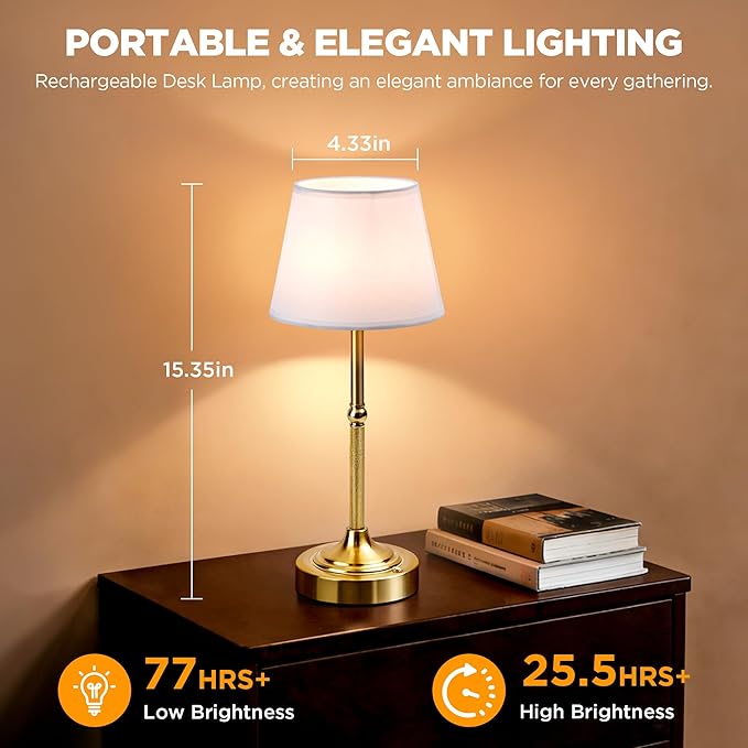 LUTEC Cordless Table Lamp, Battery Operated Lamp with 3 Color Temps and Stepless Dimming, 5200mAh Portable Rechargeable Table Lamp for Restaurant/Bedroom/Bars/Outdoor (Brushed Gold)