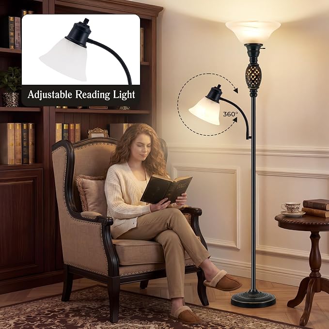 Luvkczc 70" Floor Lamp with Night Light, Adjustable Gooseneck Reading Light | Retro Standing Lamp for Living Room Bedroom Corner – Dual Lighting, Etched Frosted Shade, Rotary Switch, Bulb Included