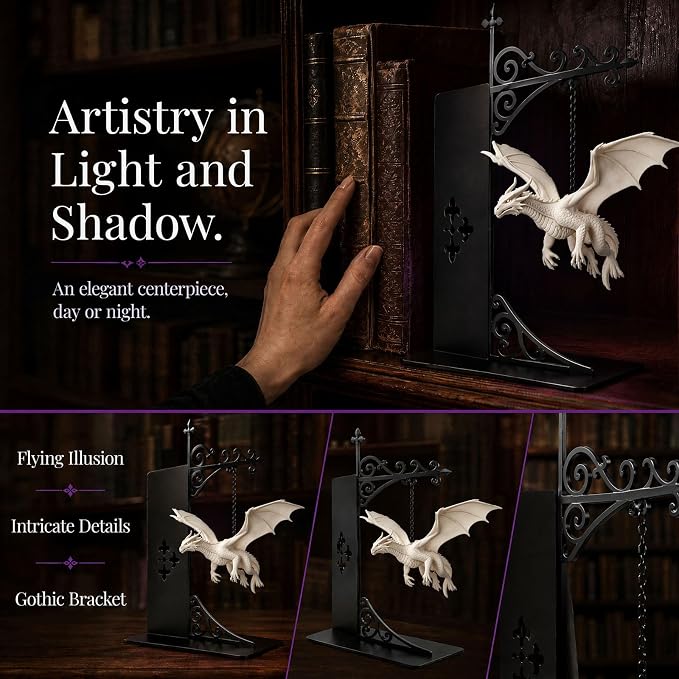 Magical Floating Dragon Bookshelf Lamp, Warm LED Dragon Night Light, Fantasy Reading Nook Decor, Unique Gift for Fantasy Lovers and Book Readers (White)