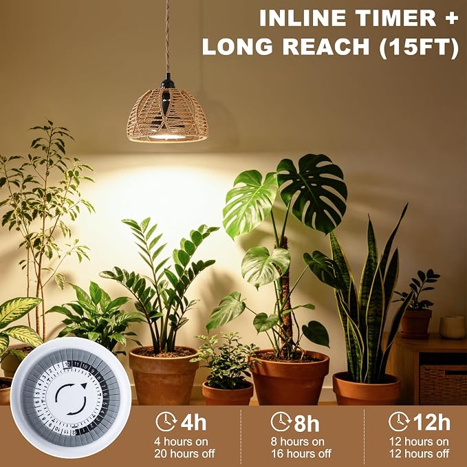 Hanging Grow Light, 30W LED Lamp with Timer for Indoor Plants | 4000K LED plant lamp with 15 ft cord, outlet timer, and boho paper rope shade for succulents, herbs, and low-light rooms.