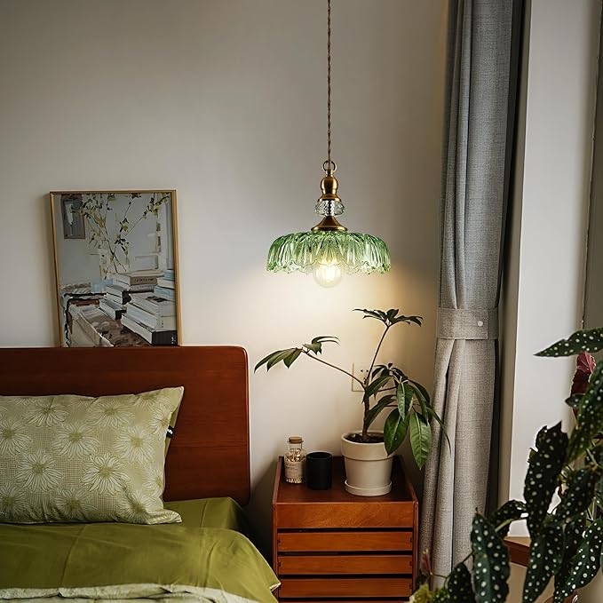 CVKASH Vintage Glass Pendant Light Fixture Green Adjustable Chandelier Modern Gold Hanging Ceiling Light for Farmhouse Dining Room Living Room Bedroom Entryway Kitchen Island