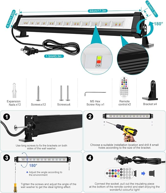 MEIKEE 25W RGB Wall Wash Lights, RGBW Color Changing Washer Strip Lights Outdoor, IP66 Waterproof LED Stage Light Bar for Christmas Halloween Party Landscape (4 Pack)