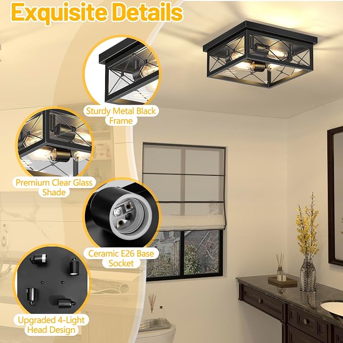 Asnxcju 12" Square Flush Mount Ceiling Light with Clear Glass Shade, 4-Light Farmhouse Outdoor Porch Ceiling Light Fixtures, Black Hallway Light Fixtures Mount for Garage Living Room Foyer