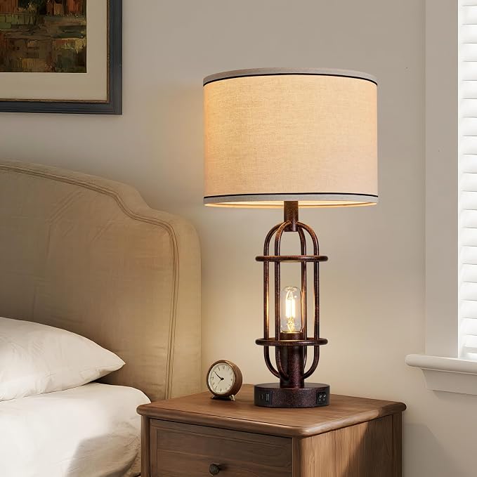 Reaketon 22.3" Table Lamps for Living Room Set of 2, Farmhouse Lamps for Nightstand, Vintage Table Lamps for Bedroom with USB Ports, Bulbs Included