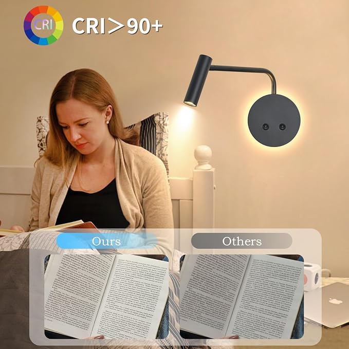 2 Pack Wall Mounted Reading Lights for Bed, Matte Black Headboard Wall Sconces with Night Light, Plug in or Hardwired Bedside Reading Lamps with On/Off Switch, 3000K Warm White Bedroom Wall Lighting