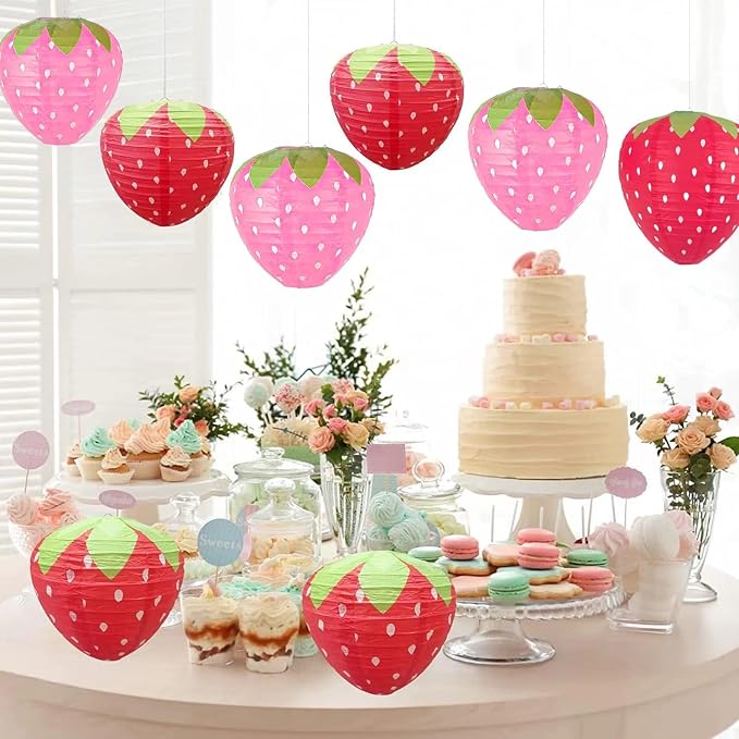 Strawberry Paper Lanterns - 8PCS Hanging Decorations for Room, Birthday Party, Wedding, Garden - 8 Inch, Red and Pink