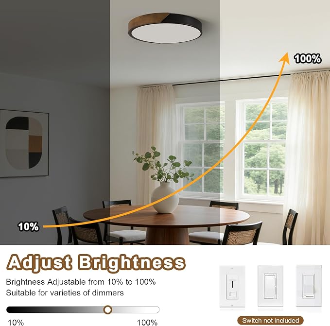 Modern LED Ceiling Light, Brown Walnut Wood Minimalist Flush Mount Ceiling Light Fixture, Dimmable Circle Lighting Lamp with Acrylic Lampshade for Bedroom Hallway Laundry 15.8"