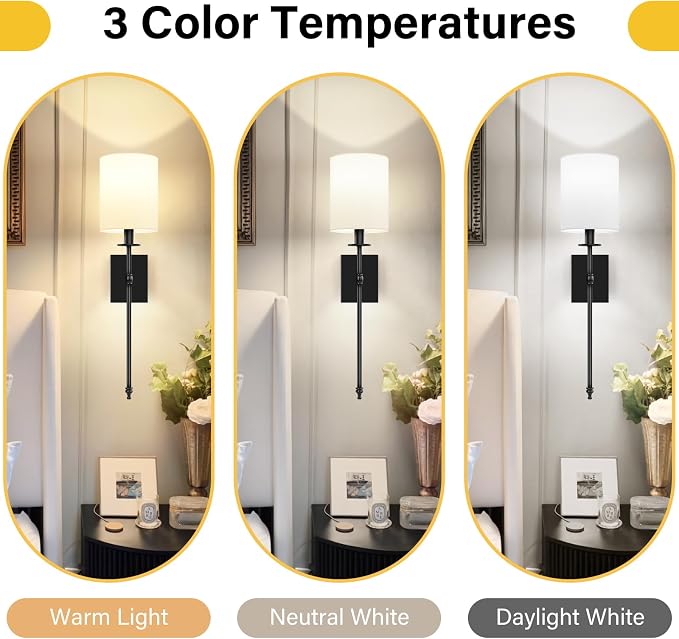 27 Inch Black Battery Operated Wall Sconces Set of 2, Rechargeable Wireless Wall Lights with Remote & White Fabric Shade, Indoor Not Hardwired Dimmable Wall Lamps for Hallway, 2 Bulbs Included