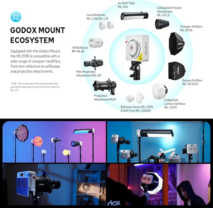 Godox ML100R RGB LED Video Light, 110W 1800K-1000K Full Color RGB LED COB Contiuous Light, 14 FX Effects Photography Light Support APP Control
