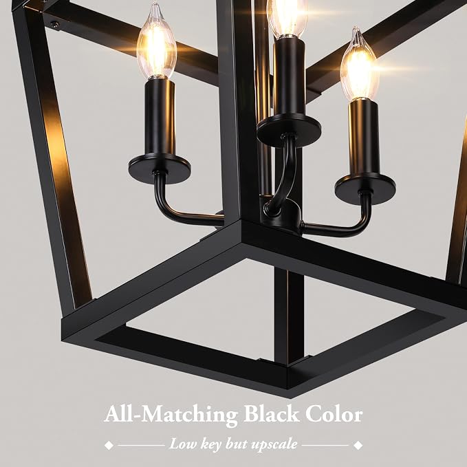 BrightHome Farmhouse Chandelier 4-Light, Black Pendant Light Fixture Ceiling Hanging for Kitchen Island Dining Room, Lantern Industrial Lighting with Metal Cage Adjustable Height for Entryway Foyer | Industrial Kitchen Lantern chandelier Over Table, Pe...