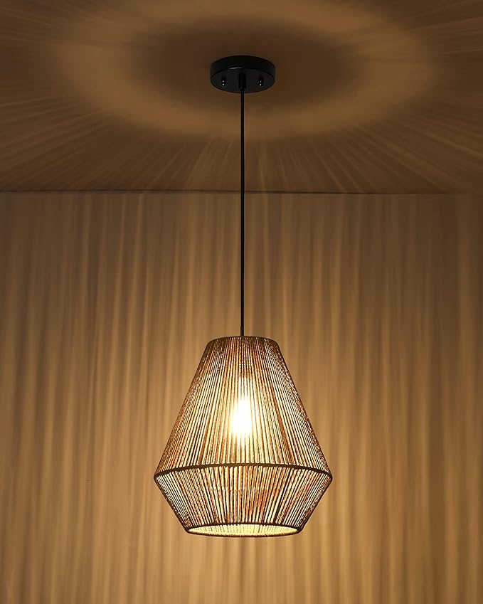 ELYONA Woven Pendant Lights Modern Boho Hanging Lamp with 12" Handwoven Rattan Basket Shade Adjustable Rustic Pendant Light Fixtures for Kitchen Island Farmhouse Dining Room Bar Bedroom Foyer Hallway
